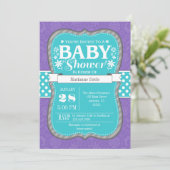 Invitation turquoise de Baby shower de fleurs viol (Debout devant)