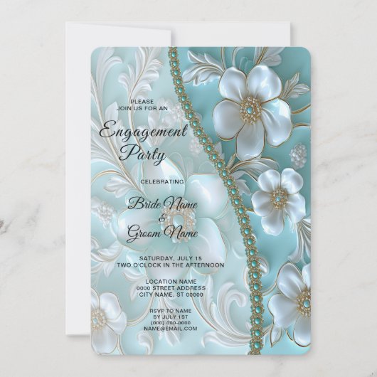Invitation turquoise de Fiançailles Floral Blanc (Devant)