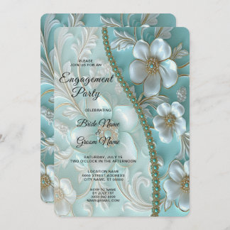 Invitation turquoise de Fiançailles Floral Blanc