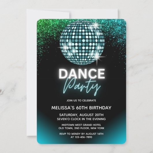 Invitation Turquoise Disco Ball Parties scintillant Dance Par (Devant)