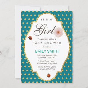 Invitation Turquoise Dots Or Daisy & Baby shower fille Ladybu