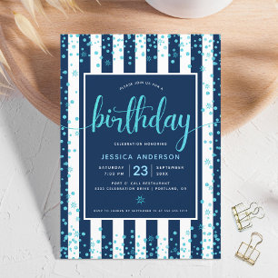 Invitation Turquoise écriture paillettes points bleu marine b