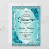 Invitation turquoise Elegant Floral Quinceanera (Devant)