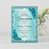 Invitation turquoise Elegant Floral Quinceanera (Debout devant)