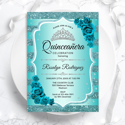 Invitation turquoise Elegant Floral Quinceanera