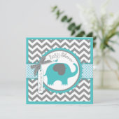 Invitation Turquoise Elephant Boy Chevron Imprimer Baby showe (Debout devant)