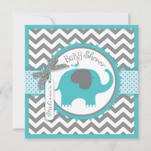 Invitation Turquoise Elephant Boy Chevron Imprimer Baby showe (Devant)