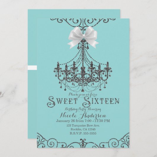 Invitation Turquoise et argent blanc Bow Sweet 16 Seize (Devant / Derrière)