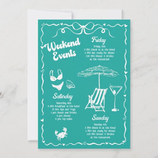 Invitation Turquoise et Blanc Bachelorette Week-end (Dos)