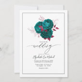 Invitation Turquoise et Bourgogne Floral Mariage Photo QR Cod (Devant)