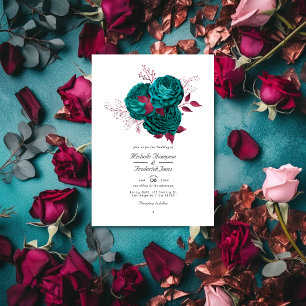 Invitation Turquoise et Bourgogne Floral QR Code Mariage