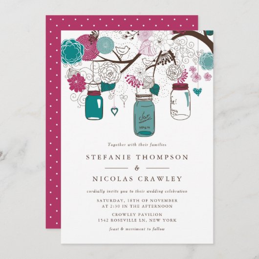 Invitation Turquoise et Bourgogne Hanging Mason Jars Mariage (Devant / Derrière)