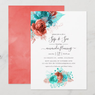 Invitation Turquoise et corail Fleurs aquarelles Sip and See