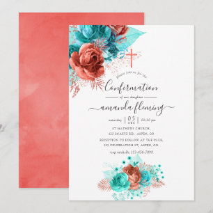 Invitation Turquoise et corail floral aquarelle confirmation