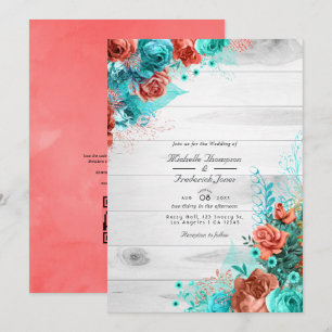 Invitation Turquoise et Corail Floral Code QR RSVP Mariage