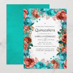 Invitation Turquoise et Corail Floral Quinceañera Espagnol
