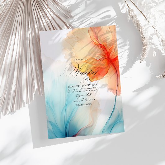Invitation Turquoise et Corail Mariage Moderne Abstrait à l'E