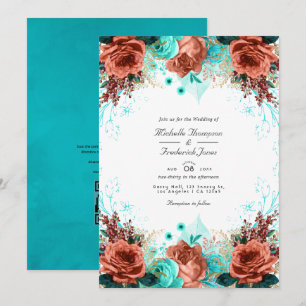 Invitation Turquoise et Corail Photo de mariage floral rustiq