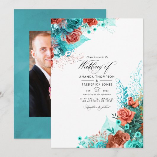 Invitation Turquoise et corail Rustique Floral Mariage Photo (Devant / Derrière)
