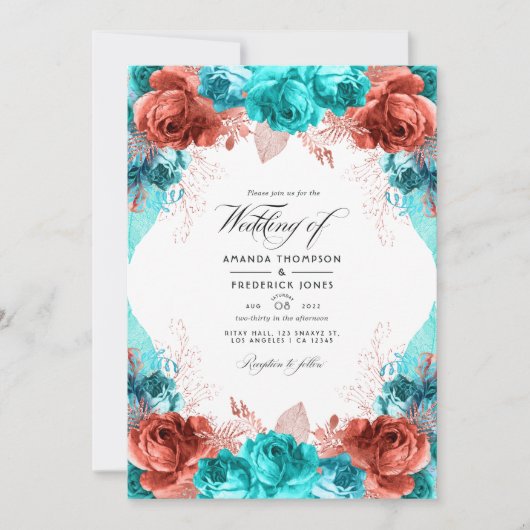 Invitation Turquoise et Corail Rustique Floral Mariage Photo  (Devant)