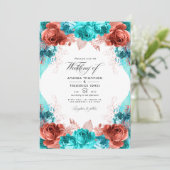 Invitation Turquoise et Corail Rustique Floral Mariage Photo (Debout devant)