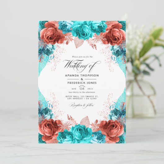 Invitation Turquoise et Corail Rustique Floral Mariage Photo  (Debout devant)