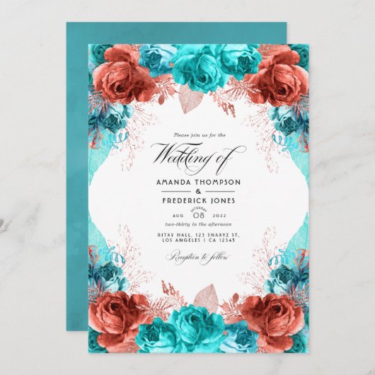 Invitation Turquoise et Corail Rustique Floral Mariage Photo (Devant / Derrière)