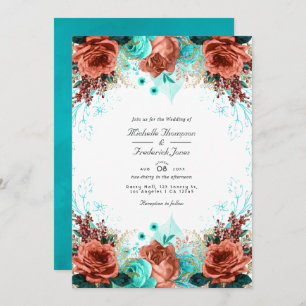 Invitation Turquoise et Corail Rustique Floral Mariage Photo