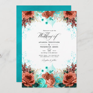 Invitation Turquoise et corail Rustique Floral Mariage Photo