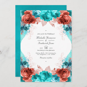 Invitation Turquoise et corail Rustique Floral QR Code Mariag