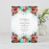 Invitation Turquoise et corail Rustique Mariage floral (Debout devant)
