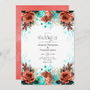 Invitation Turquoise et corail Rustique Mariage floral