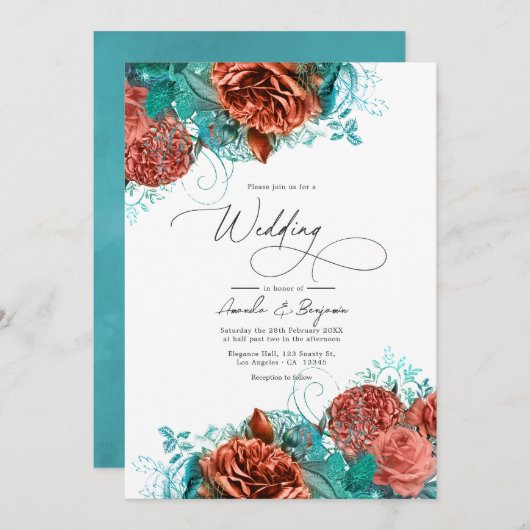 Invitation Turquoise et corail Rustique Mariage floral (Devant / Derrière)