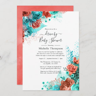 Invitation Turquoise et Coral Floral Drive Par Douche