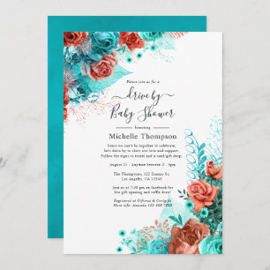 Invitation Turquoise et Coral Floral Drive Par Douche