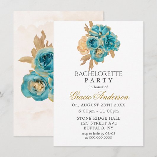 Invitation Turquoise et crémeux Gold Roses Bachelorette Party (Devant / Derrière)