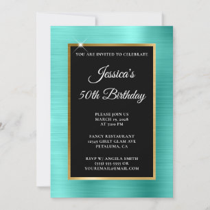 Invitation Turquoise et feuille d'or Anniversaire 50 ans noir