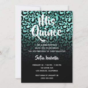 Invitation Turquoise et Glam Black Léopard Ombre Mis Quince