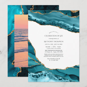 Invitation Turquoise et Gold Agate Célébration de la vie Phot