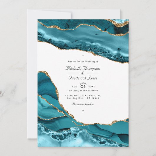 Invitation Turquoise et Gold Agate Pierre QR Code RSVP Mariag (Devant)