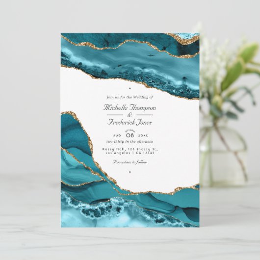 Invitation Turquoise et Gold Agate Pierre QR Code RSVP Mariag (Debout devant)