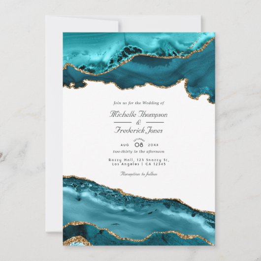 Invitation Turquoise et Gold Agate QR Code RSVP Mariage RSVP (Devant)