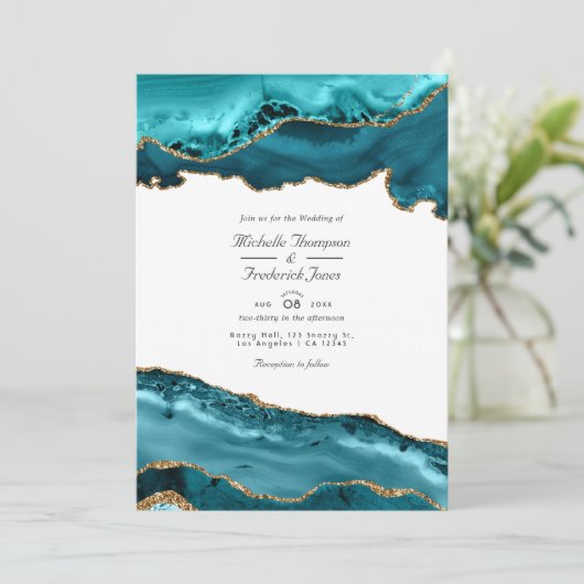 Invitation Turquoise et Gold Agate QR Code RSVP Mariage RSVP (Debout devant)