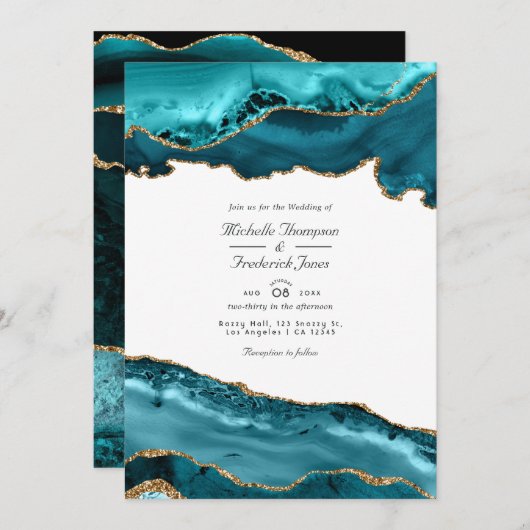 Invitation Turquoise et Gold Agate QR Code RSVP Mariage RSVP (Devant / Derrière)