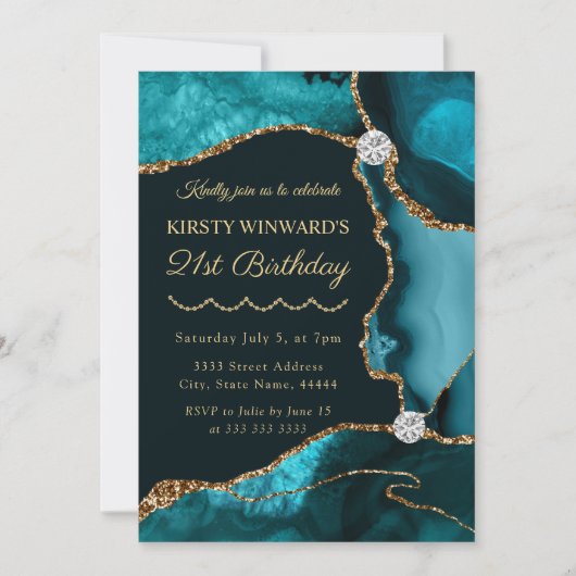 Invitation Turquoise et Gold Faux Parties scintillant Agate A (Devant)
