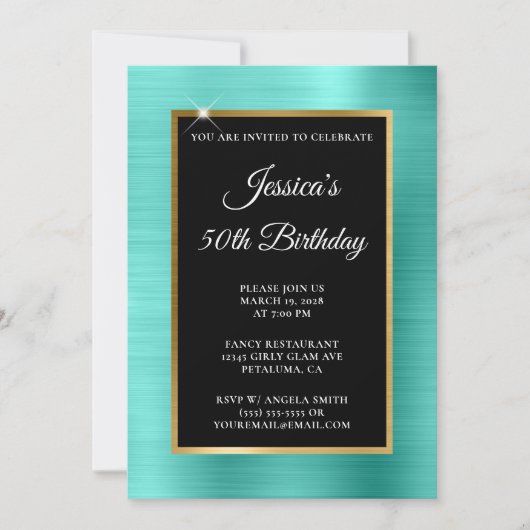 Invitation Turquoise et Gold Foil Noir 50e anniversaire (Devant)