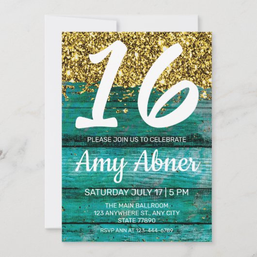 Invitation Turquoise et Gold Sweet 16 Anniversaire (Devant)