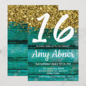 Invitation Turquoise et Gold Sweet 16 Anniversaire (Devant / Derrière)