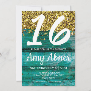 Invitation Turquoise et Gold Sweet 16 Anniversaire