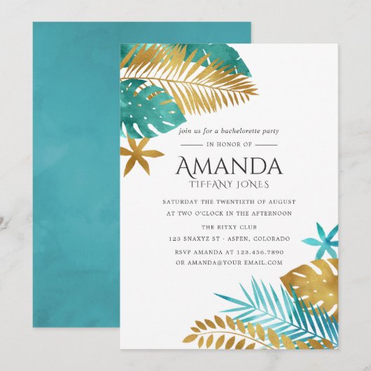 Invitation Turquoise et Gold Tropical Bachelorette Party (Devant / Derrière)